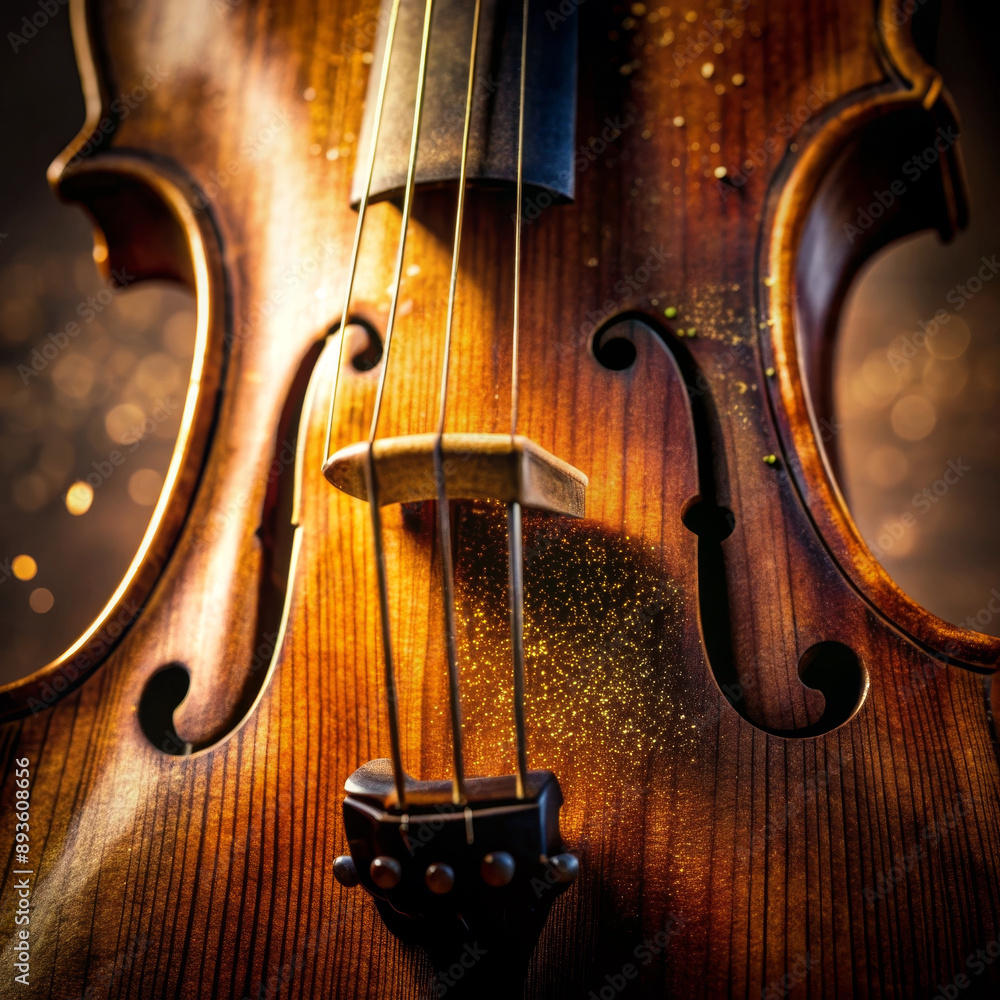 close-up of a violin has a golden effect sprinkled on the front and back, giving it an immersive feel. Generative AI. close-up of a violin has a golden effect sprinkled on the front and back, giving it an immersive feel. Generative AI.