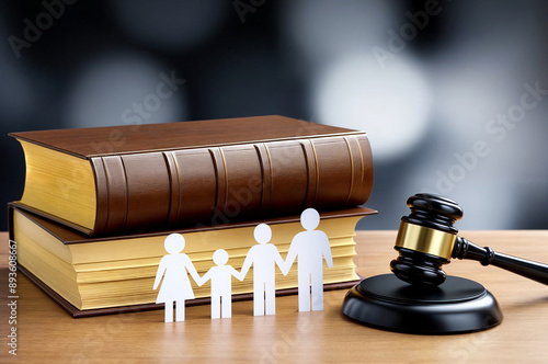 A book, a black gavel, and five small figurines of a family. Concept of family conflict divorce law cases