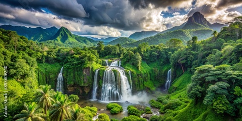 Fototapeta Naklejka Na Ścianę i Meble -  Lush Green Waterfall in Tropical Paradise with Dramatic Clouds