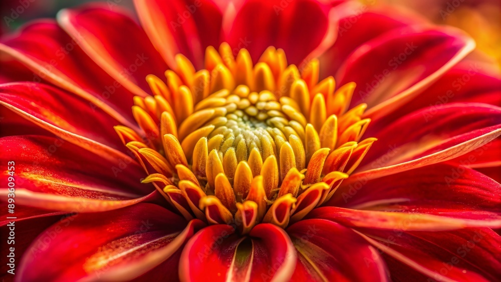 Vibrant red flower petals unfolded, revealing bright yellow stamens, against a soft blurred background, showcasing intricate details and textures of nature's beauty. Vibrant red flower petals unfolded, revealing bright yellow stamens, against a soft blurred background, showcasing intricate details and textures of nature's beauty.
