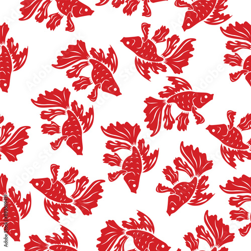 Seamless texture, pattern of red decorative fish. Vector illustration