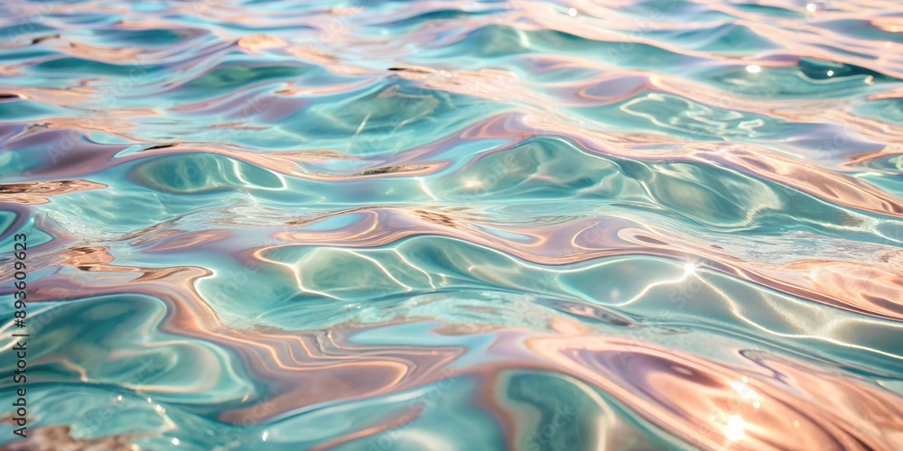 Fototapeta premium Banner with ethereal vibrant holographic mint green, turquoise, pink, turquoise transparent water surface texture with ripples, splashes, waves. Chromatic rainbow texture of the water surface.