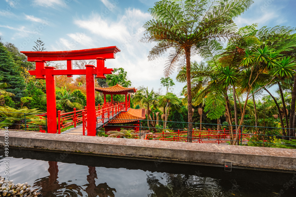 Monte Palace, Tropical Garden with Waterfalls, Lakes and traditional buildings above the city of Funchal Monte Palace, Tropical Garden with Waterfalls, Lakes and traditional buildings above the city of Funchal