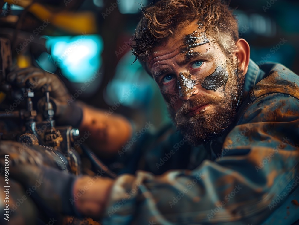 Obraz premium Grease Covered Mechanic Intently Repairing Engine Embodying the Hardworking Spirit
