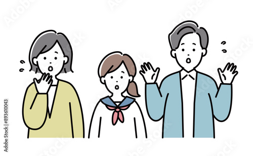 家族イラスト　表情　3人家族　学生　日本人　焦る　表情