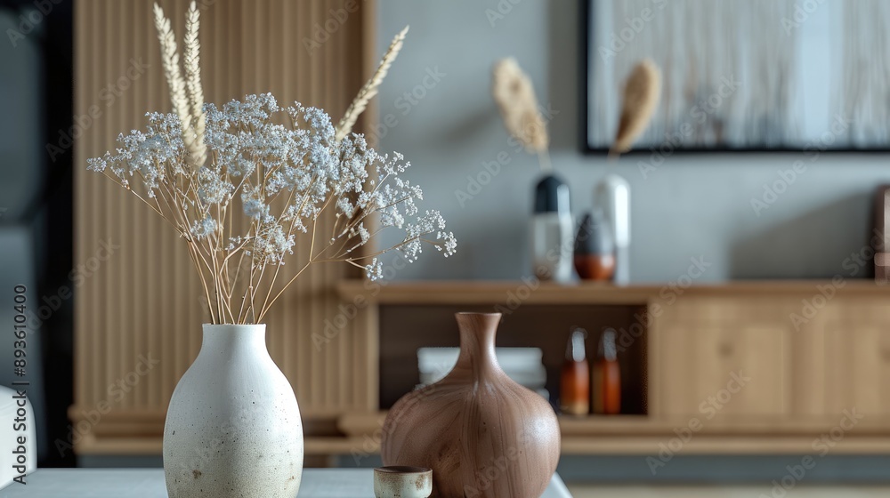 Stylish living room decor with home accessories, dried flower vase, and personal items. Close up. Template. Stylish living room decor with home accessories, dried flower vase, and personal items. Close up. Template.