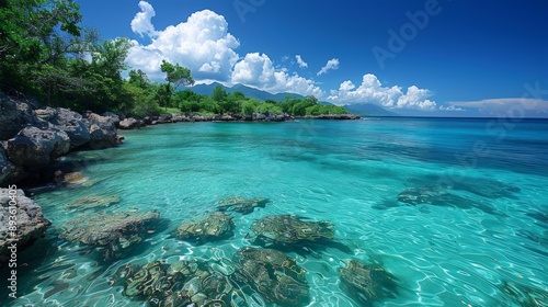 Tranquil Turquoise Waters Embrace Coastal Rocks on a Sunny Caribbean Day. Generative AI