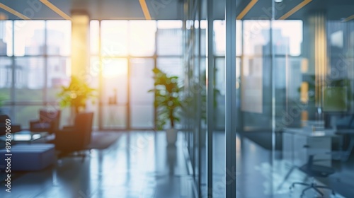 Indoor office room with modern design, blurred background during working hours, panoramic view through glass windows. © Lcs