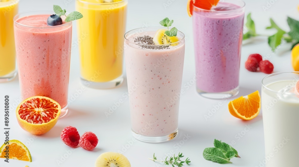 A vibrant display of colorful smoothies made from fresh fruits and garnished with mint, perfect for a refreshing treat. A vibrant display of colorful smoothies made from fresh fruits and garnished with mint, perfect for a refreshing treat.