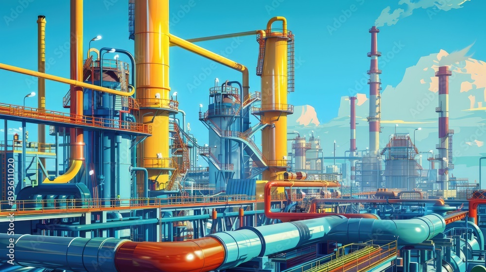 Industrial pipeline transport scene with petrochemical, gas, and oil processing equipment. Industrial pipeline transport scene with petrochemical, gas, and oil processing equipment.
