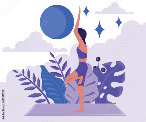Tree pose, Vrikshasana. Yoga in the open air. Poster for design. Vector illustration