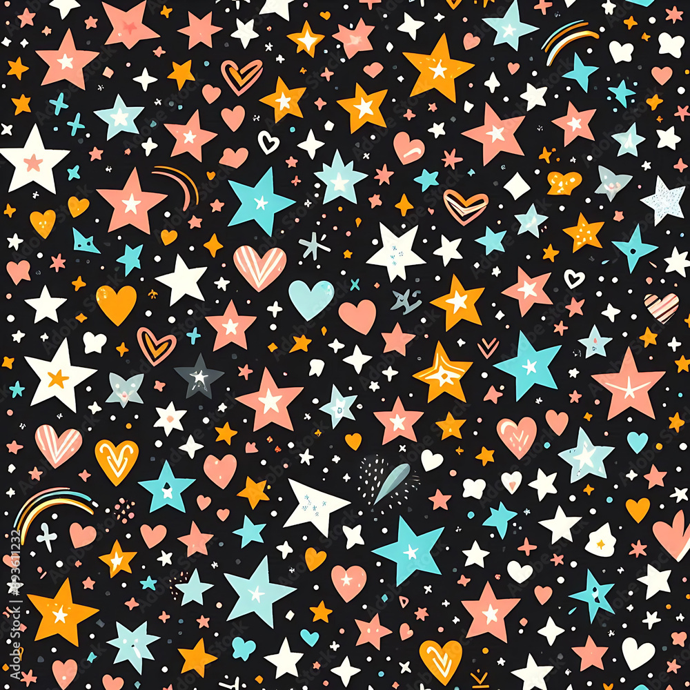 Seamless pattern of tiny stars and hearts in striking colors with black background Seamless pattern of tiny stars and hearts in striking colors with black background