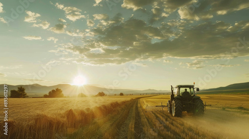 Farmer driving tractor through field at sunset