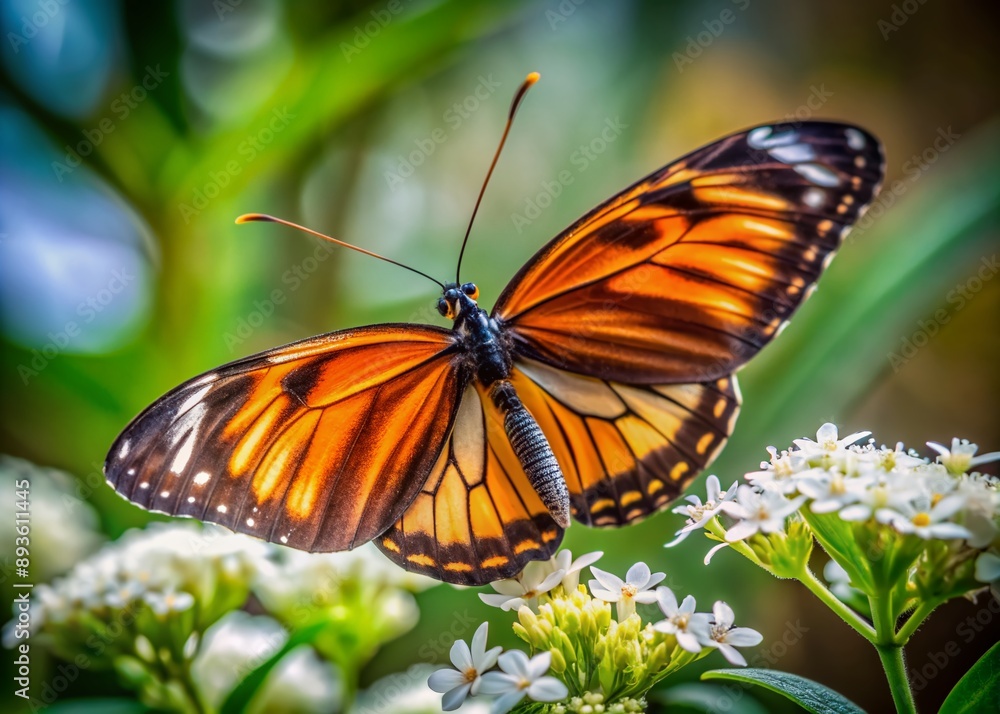 Naklejka premium Vibrant orange and black striped butterfly rests delicately on white flower petals, blurred background creating a sense of depth and emphasizing the insect's intricate beauty.