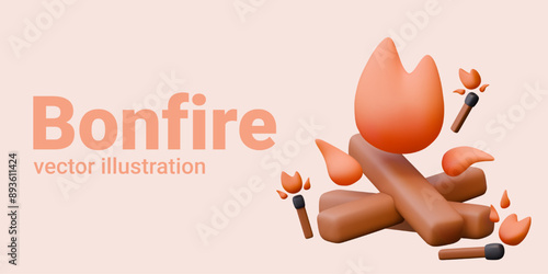 Fire and lit matches in 3D plasticine style. Concept of tourist hotspot, campfire