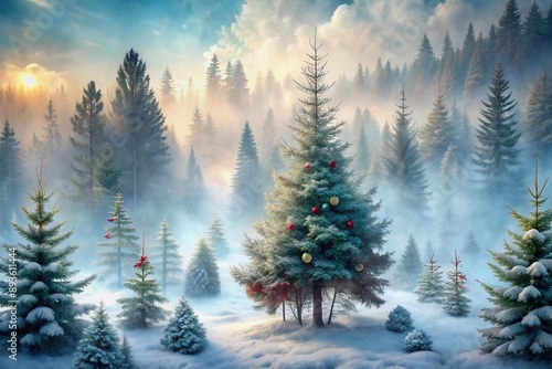 Wallpaper Mural Misty watercolor fog shrouds a serene winter forest, with snow-dusted evergreens, bare trees, and frosty mistletoe, evoking a peaceful and mystical atmosphere. Torontodigital.ca