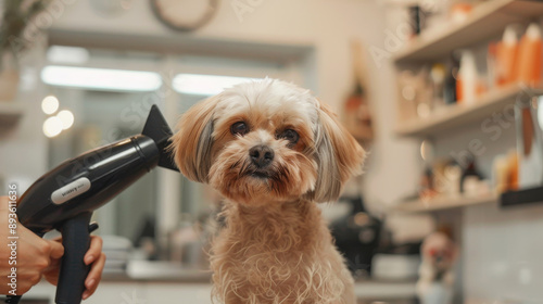 Tolettatura , Professionista che asciuga un cane con un asciugacapelli photo