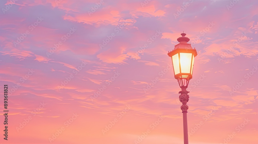 Classic lamp post with an early morning sky, soft pink and orange hues Classic lamp post with an early morning sky, soft pink and orange hues