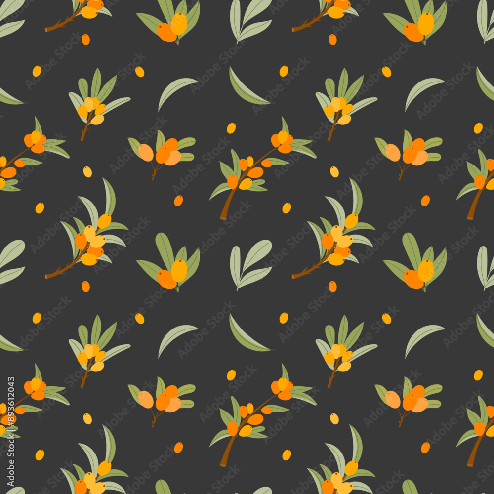 Seamless pattern with sea buckthorn on a black background. Pattern with berries and leaves. Colorful fresh berries for wallpaper, fabric, wrapping paper. Seamless pattern with sea buckthorn on a black background. Pattern with berries and leaves. Colorful fresh berries for wallpaper, fabric, wrapping paper.