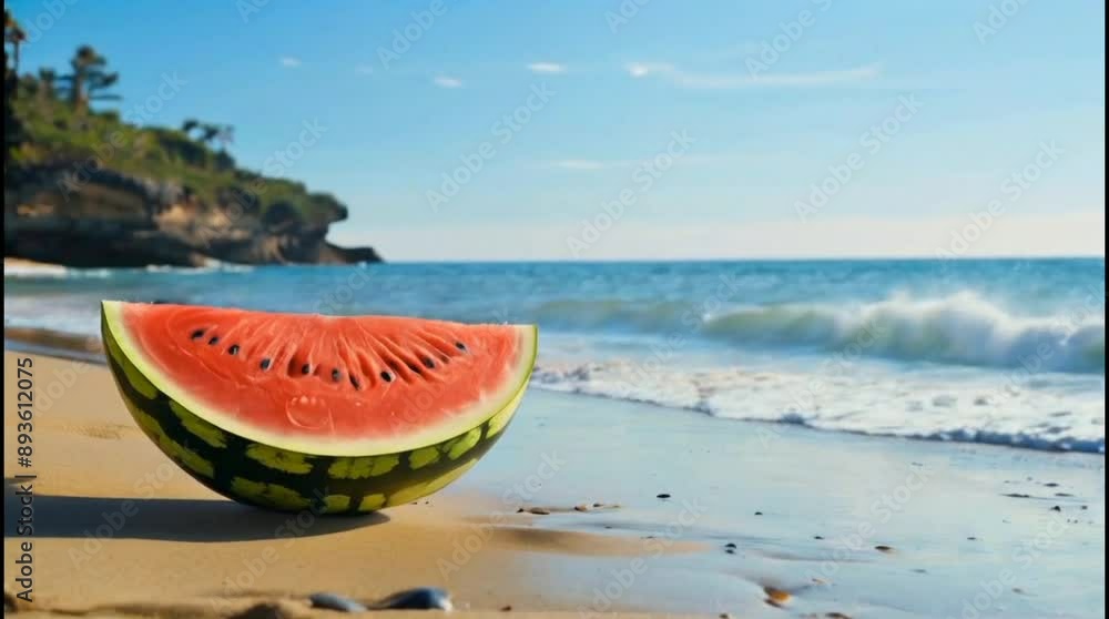 Cinematic Side View Roll Shot of Watermelon on Beach