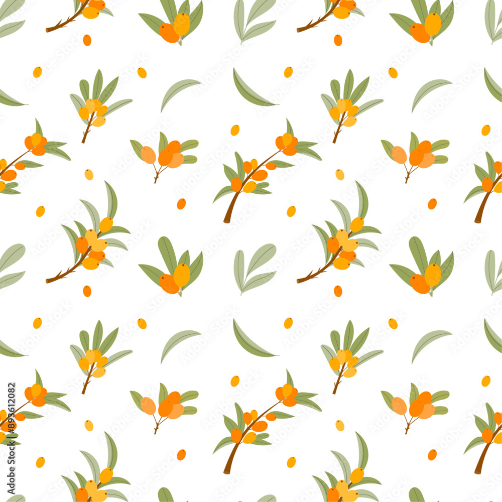 Seamless pattern with sea buckthorn on a white background. Pattern with berries and leaves. Colorful fresh berries for wallpaper, fabric, wrapping paper. Seamless pattern with sea buckthorn on a white background. Pattern with berries and leaves. Colorful fresh berries for wallpaper, fabric, wrapping paper.