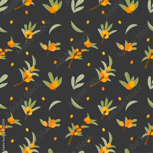 Seamless pattern with sea buckthorn on a black background. Pattern with berries and leaves. Colorful fresh berries for wallpaper, fabric, wrapping paper.