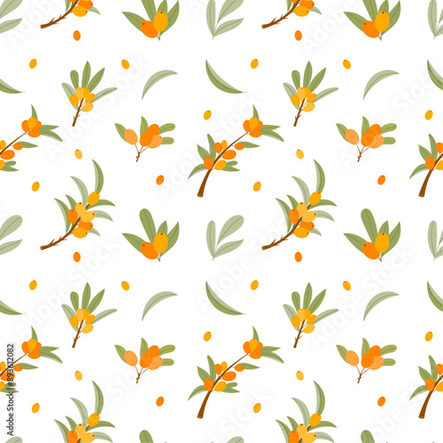 Seamless pattern with sea buckthorn on a white background. Pattern with berries and leaves. Colorful fresh berries for wallpaper, fabric, wrapping paper.