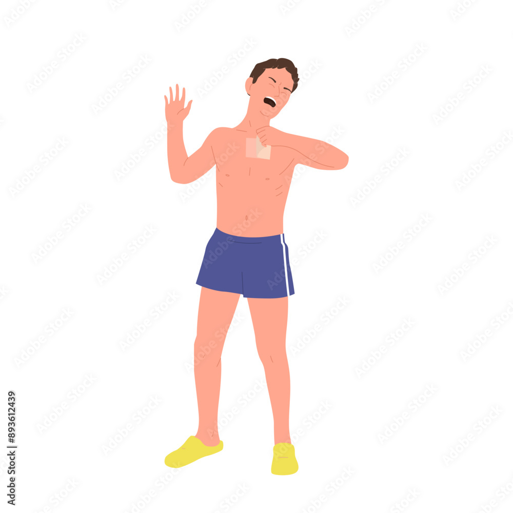 Young man cartoon character applying waxing strip for removing hair on chest vector illustration Young man cartoon character applying waxing strip for removing hair on chest vector illustration