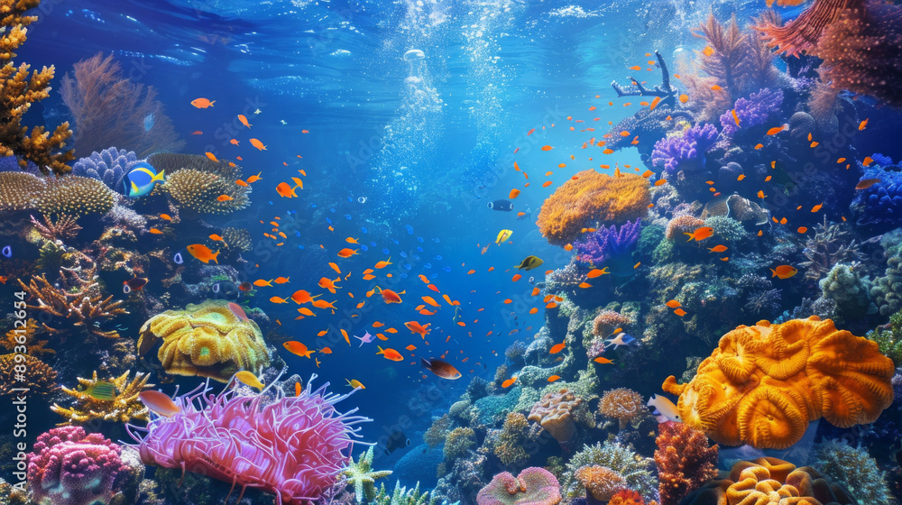 Naklejka premium Vibrant coral reef with fish swimming in blue water