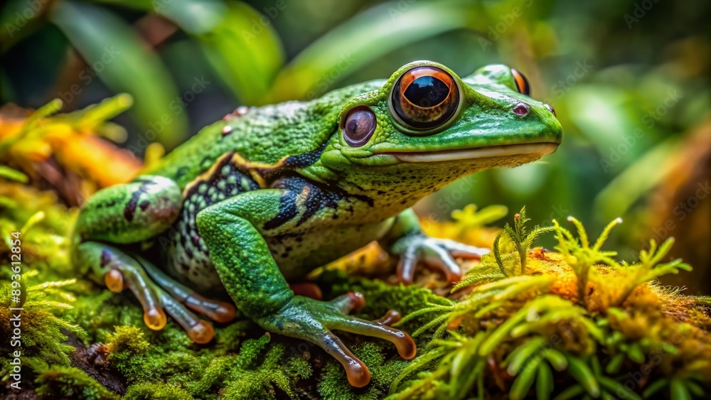 Vibrant green leaves and moss envelop an ornate frog, its delicate skin blending seamlessly into the humid forest surroundings, showcasing nature's mastery of camouflage. Vibrant green leaves and moss envelop an ornate frog, its delicate skin blending seamlessly into the humid forest surroundings, showcasing nature's mastery of camouflage.