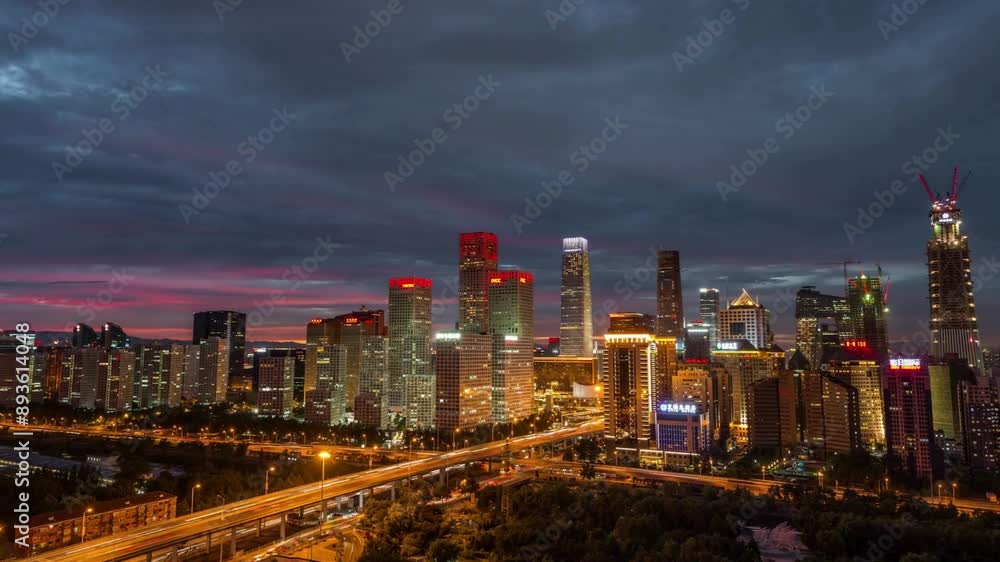 High Angle View of Beijing Skyline, Night to Day Transition Beijing, China High Angle View of Beijing Skyline, Night to Day Transition Beijing, China