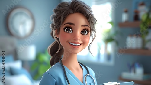 A 3D clipart of a happy nurse holding a clipboard, in a softly lit clinic, white background, 