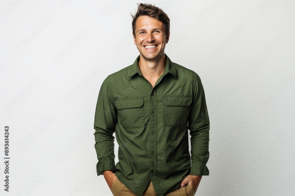 Portrait of a happy man in his 30s sporting a breathable hiking shirt on white background Portrait of a happy man in his 30s sporting a breathable hiking shirt on white background