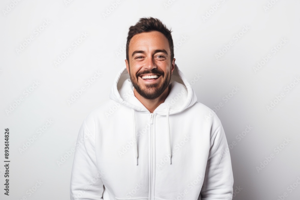 Portrait of a joyful man in his 30s wearing a zip-up fleece hoodie isolated on white background Portrait of a joyful man in his 30s wearing a zip-up fleece hoodie isolated on white background