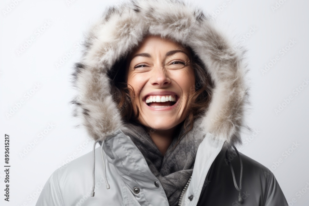 Portrait of a joyful woman in her 40s wearing a warm parka in front of white background Portrait of a joyful woman in her 40s wearing a warm parka in front of white background