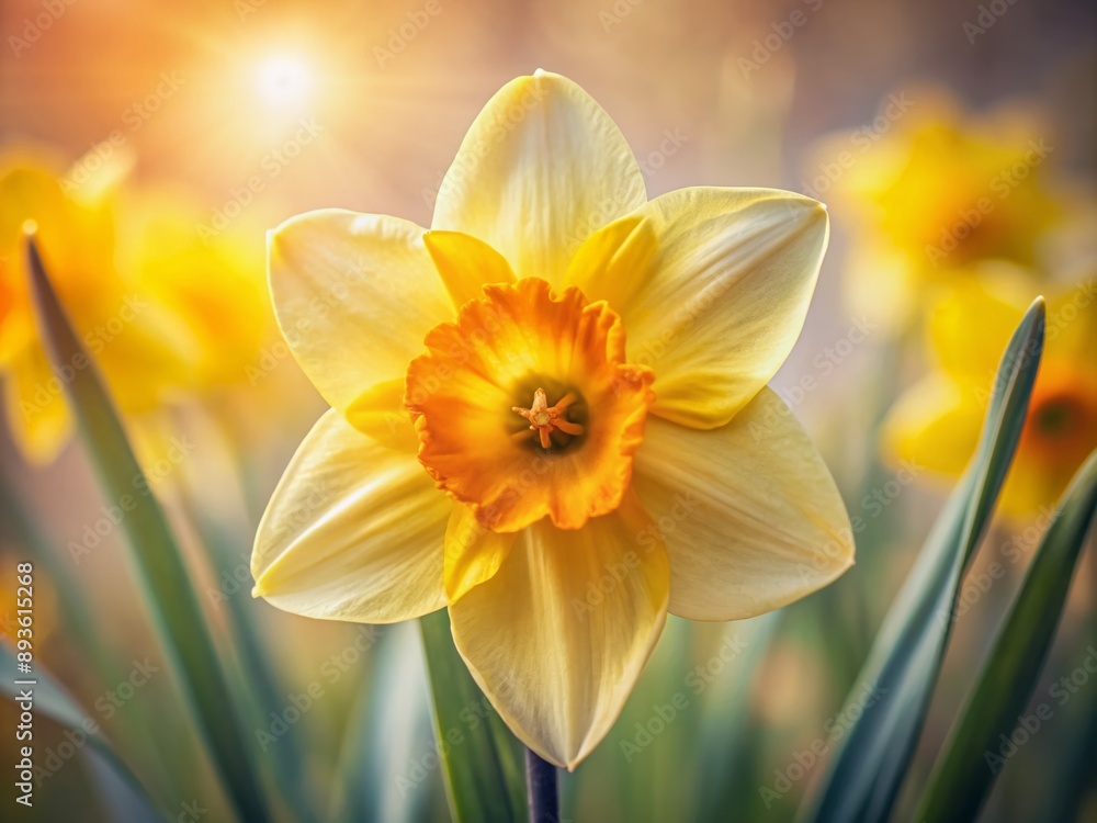Vibrant yellow daffodil blossom with delicate trumpet-shaped center and intricate texture, against a soft, creamy, blurred background, emphasizing its beauty and elegance.