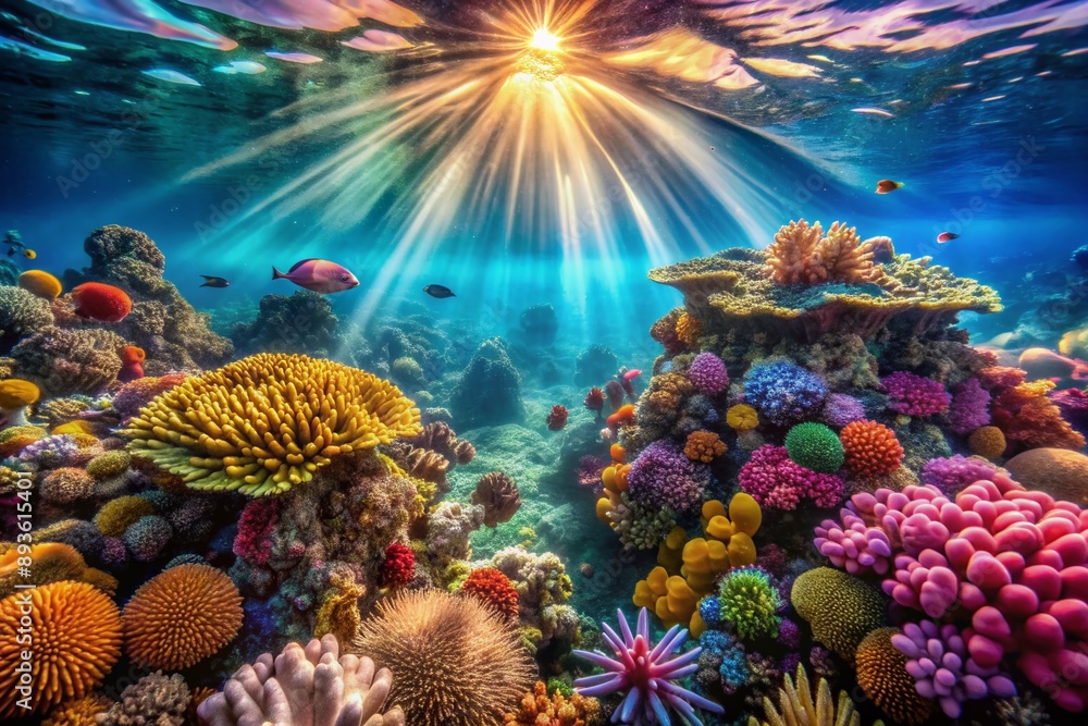 Obraz premium Vibrant coral reef teems with life, kaleidoscope of colors, and intricate textures, as sunbeams pierce through turquoise water, illuminating the ocean's hidden beauty.