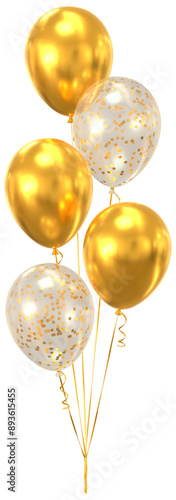 Realistic Bunch of Gold and Confetti Helium Balloons Isolated on Transparent Background for Birthday and Anniversary Celebration