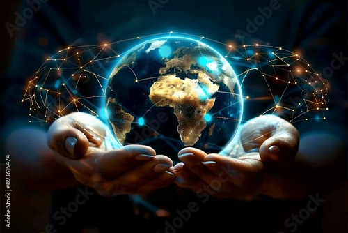 A digitally connected Earth with a glowing network held in two hands, symbolizing global connectivity, technological advancements, and the unity of the modern world. photo