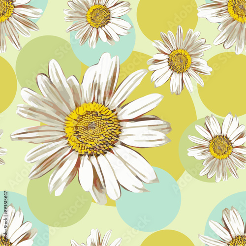 Vector - seamless pattern of camomile and polka dot.