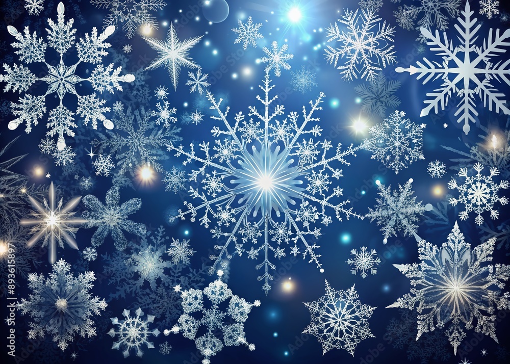 Exquisite delicate snowflakes gently fall on a rich dark blue background, showcasing intricate details and lacy patterns, evoking a serene and enchanting winter wonderland atmosphere. Exquisite delicate snowflakes gently fall on a rich dark blue background, showcasing intricate details and lacy patterns, evoking a serene and enchanting winter wonderland atmosphere.