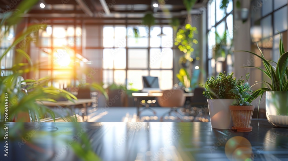 Modern office interior, blurred background showing workspace design, panoramic glass window view Modern office interior, blurred background showing workspace design, panoramic glass window view