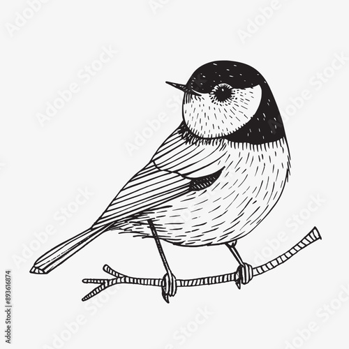 Hand drawn great tit black and white vector illustration.