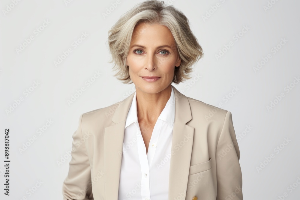 Portrait of a glad woman in her 50s dressed in a stylish blazer isolated in white background Portrait of a glad woman in her 50s dressed in a stylish blazer isolated in white background