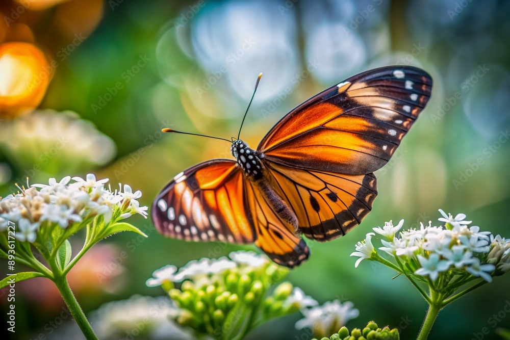 Vibrant orange and black striped butterfly rests on delicate white petals of flowers, surrounded by soft blurred background, capturing serene beauty of nature. Vibrant orange and black striped butterfly rests on delicate white petals of flowers, surrounded by soft blurred background, capturing serene beauty of nature.