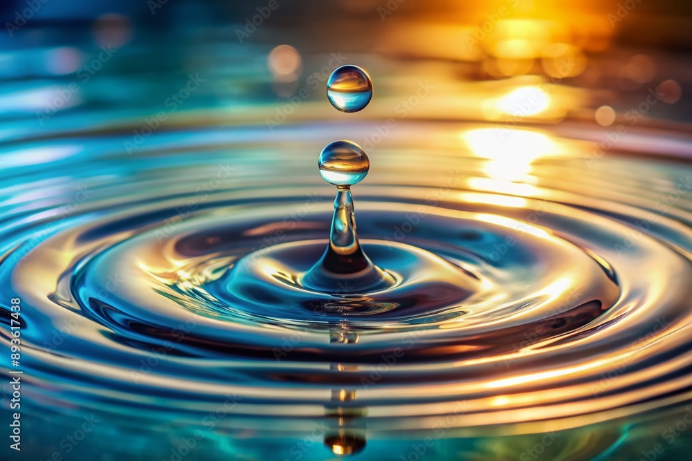 Microscopic water droplet makes gentle contact with still water, generating intricate ripples and delicate splash patterns in a peaceful, natural, and serene atmosphere. Microscopic water droplet makes gentle contact with still water, generating intricate ripples and delicate splash patterns in a peaceful, natural, and serene atmosphere.