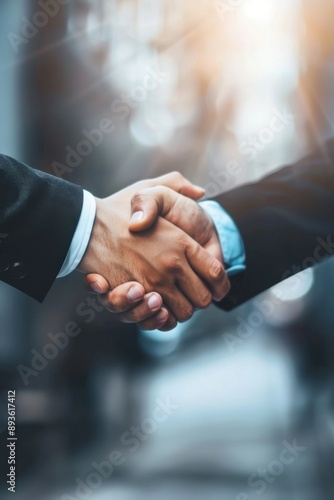 Business people shaking hands near office building, close up vertical view