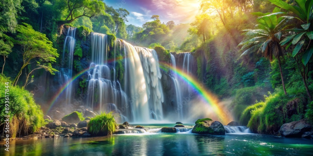 Majestic Waterfall with Rainbow in Tropical Rainforest Majestic Waterfall with Rainbow in Tropical Rainforest