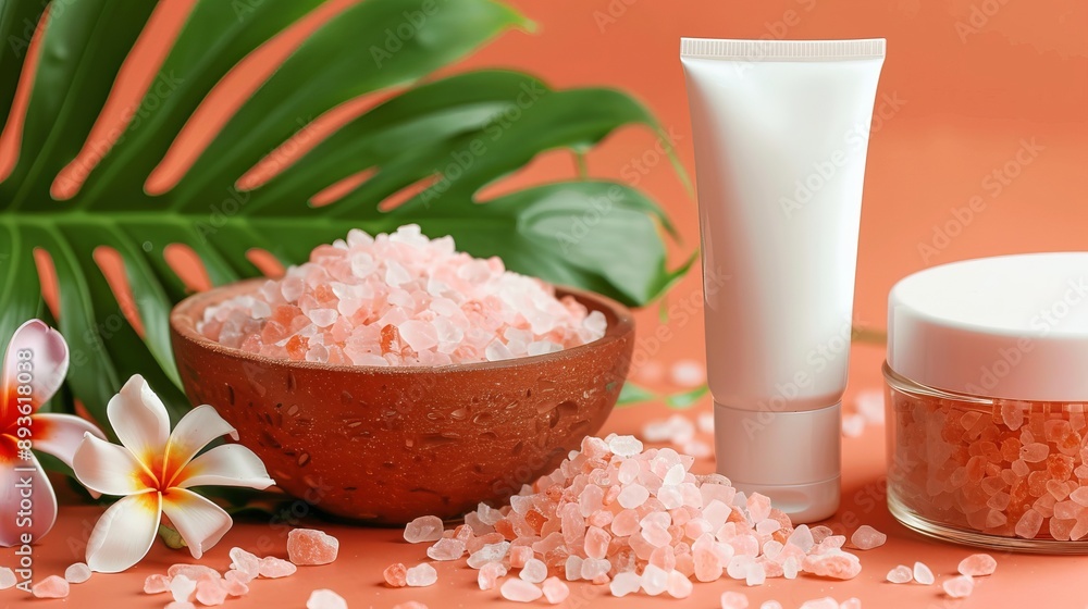 A front view of a white tube and jar without labels, arranged alongside a bowl of pink Himalayan salt and a flower pot. Pink Himalayan salt is naturally pink in color A front view of a white tube and jar without labels, arranged alongside a bowl of pink Himalayan salt and a flower pot. Pink Himalayan salt is naturally pink in color