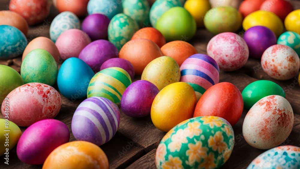 Easter eggs in vivid colors on a wooden table, close-up perspective Easter eggs in vivid colors on a wooden table, close-up perspective